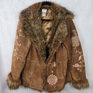 Together Suede Leather Jacket Penny Lane VTG Faux Fur Floral Embroidered 16W Y2K